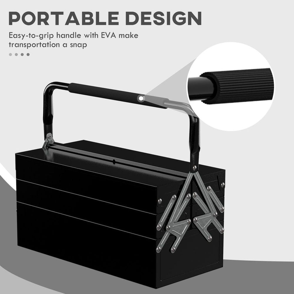 3 Tier Metal Toolbox with 5 Tray Carry Handle 45cmx22.5cmx34.5cm Black