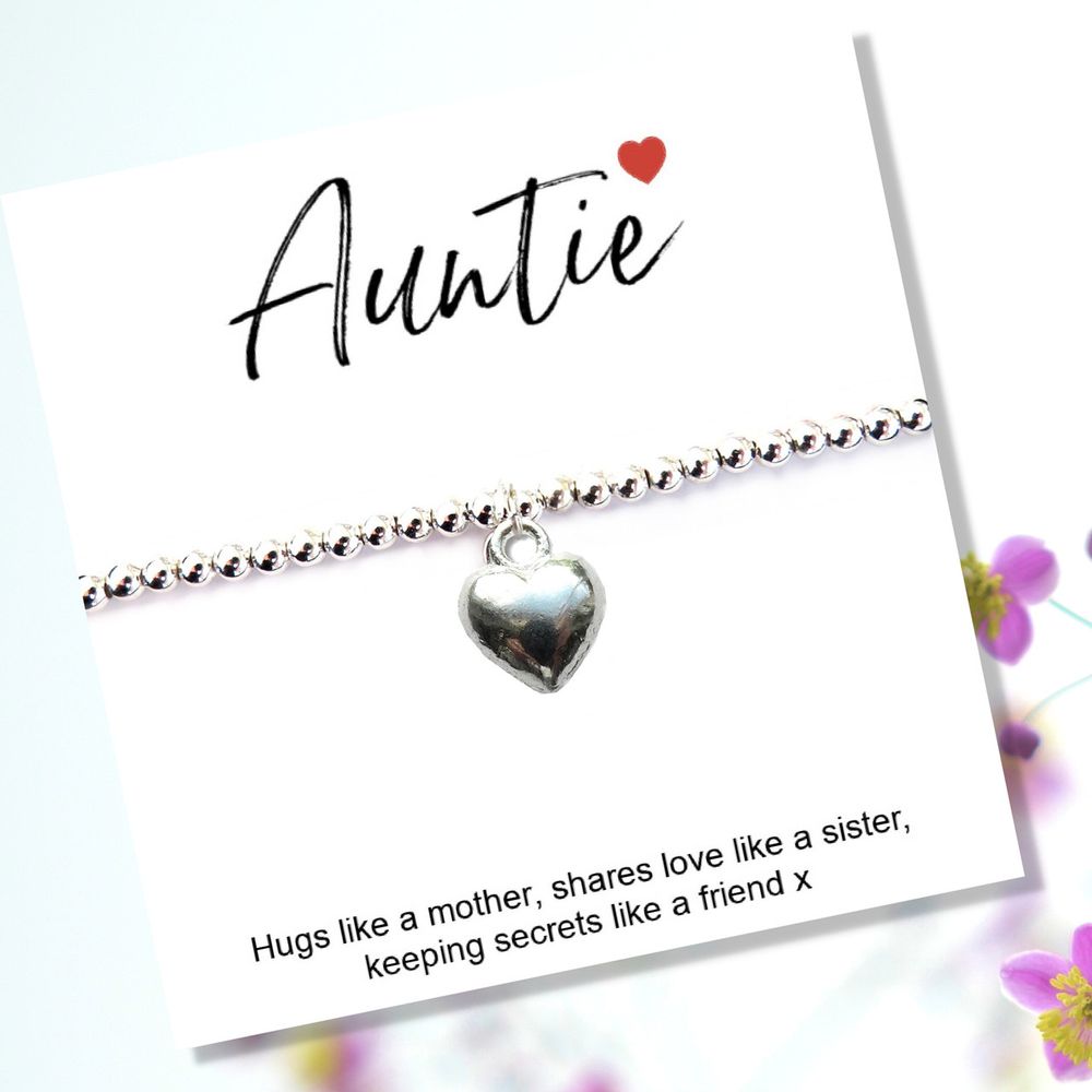 Auntie Heart Charm Bracelet - Sent with Love, Includes Message Card - Gift for Birthdays & Holidays