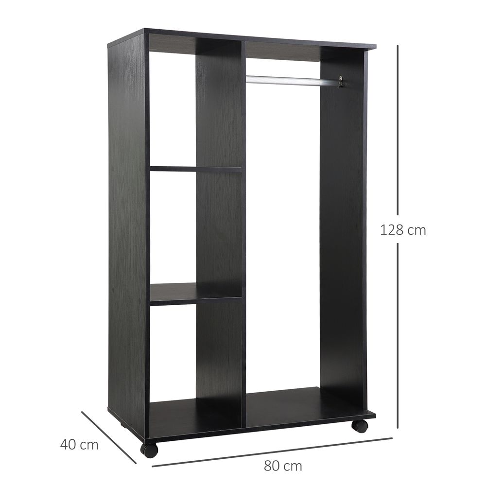 Space-Saving Rolling Open Wardrobe w/ Hanging Rail & Storage Shelves, Black