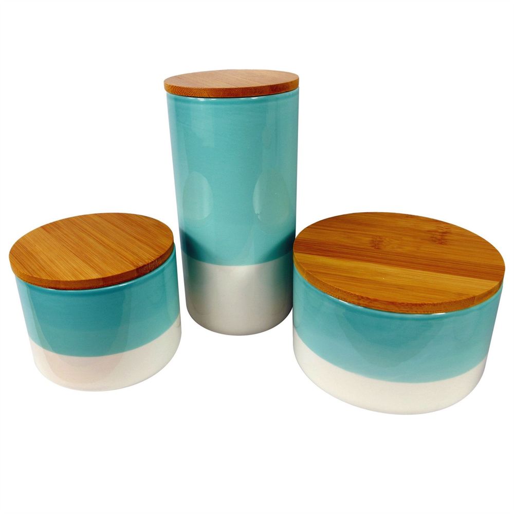 Set of Three Canisters Aqua Green Ceramic Storage Jars with Lids in Ceramic
