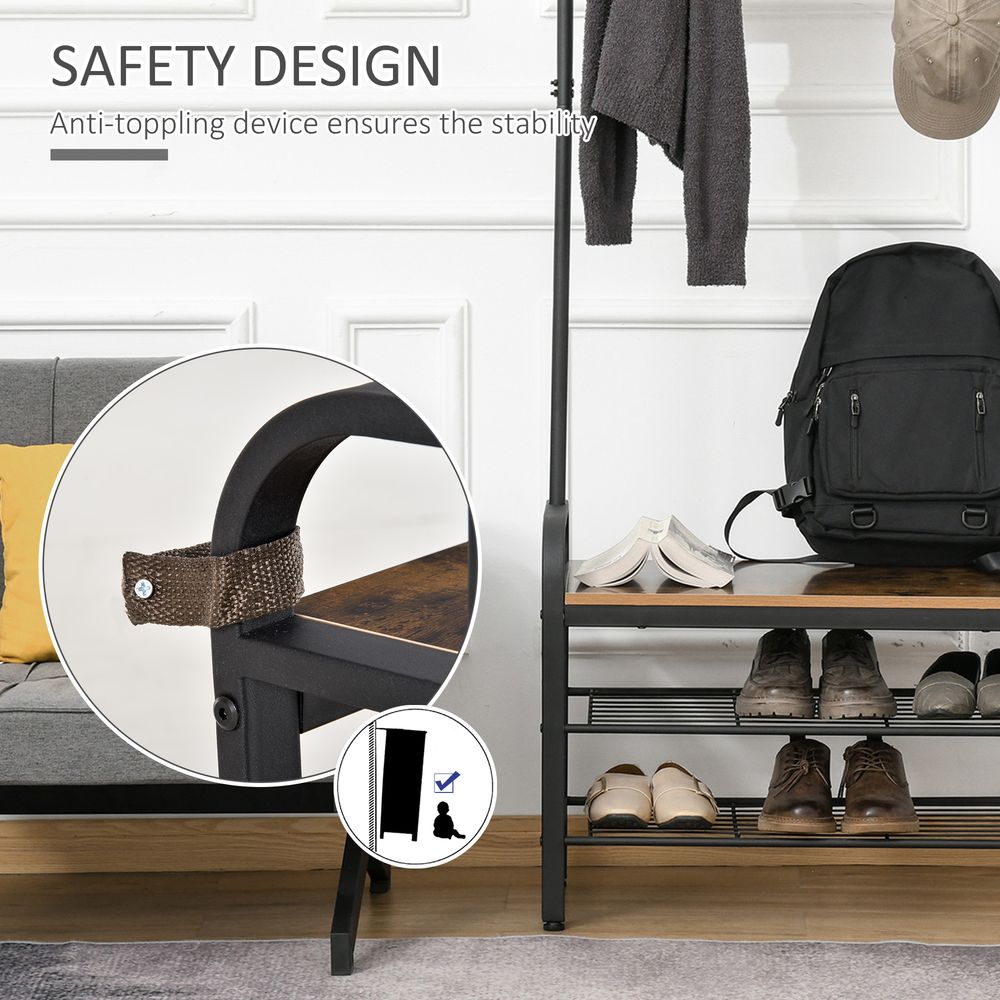 Coat Rack Stand Industrial hallway Shoe Rack Removable Hooks Metal Wood Hangers Storage Cabinet Rustic Brown 72L×34W×185H(cm)