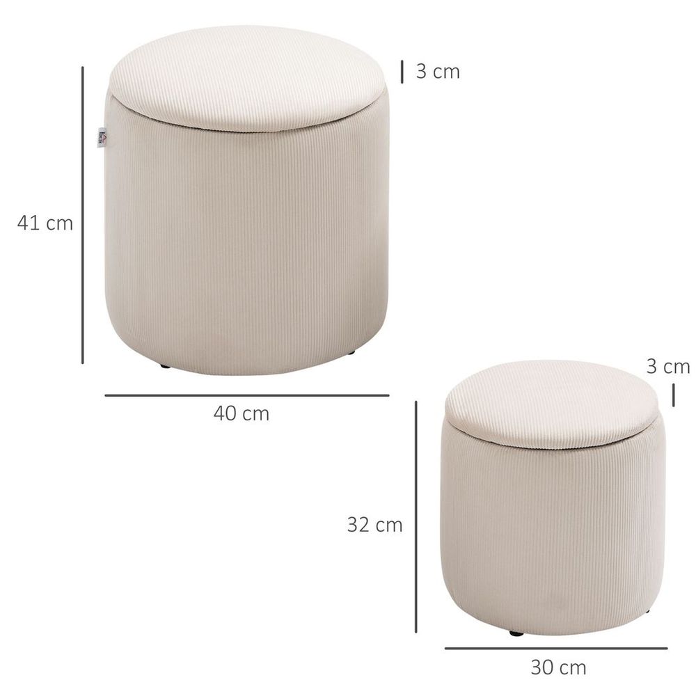 Corduroy Storage Ottomans, Set of 2, Removable Lid, Cream White