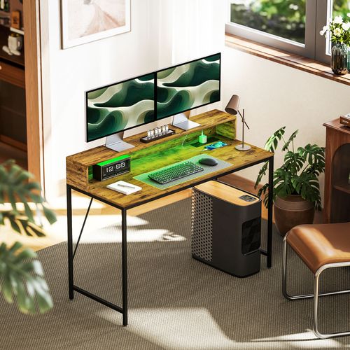 Computer Desk with LED Lights, Study Table with Shelf, Rustic Brown