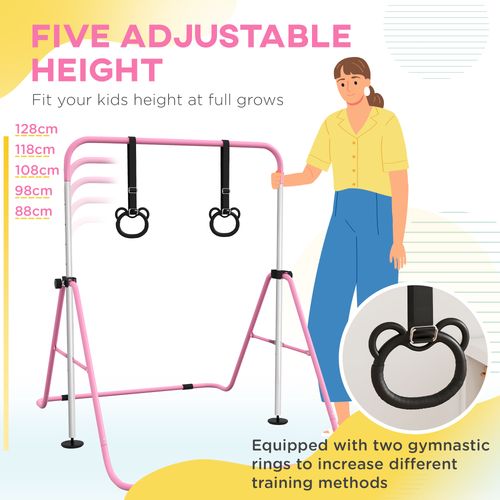 Adjustable Height Foldable Kids Gymnastics Bar with Non-Slip Mats, Pink