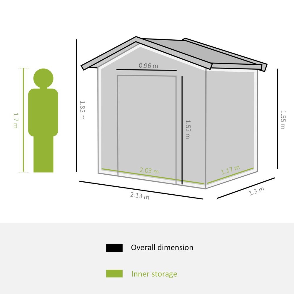 7 x 4ft Metal Garden Shed, Outdoor Storage Tool House with Ventilation Slots, Foundation Kit and Lockable Double Doors, Green