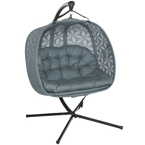 Double Hanging Swing Chair w/ Stand & Cup Holders, Charcoal Grey
