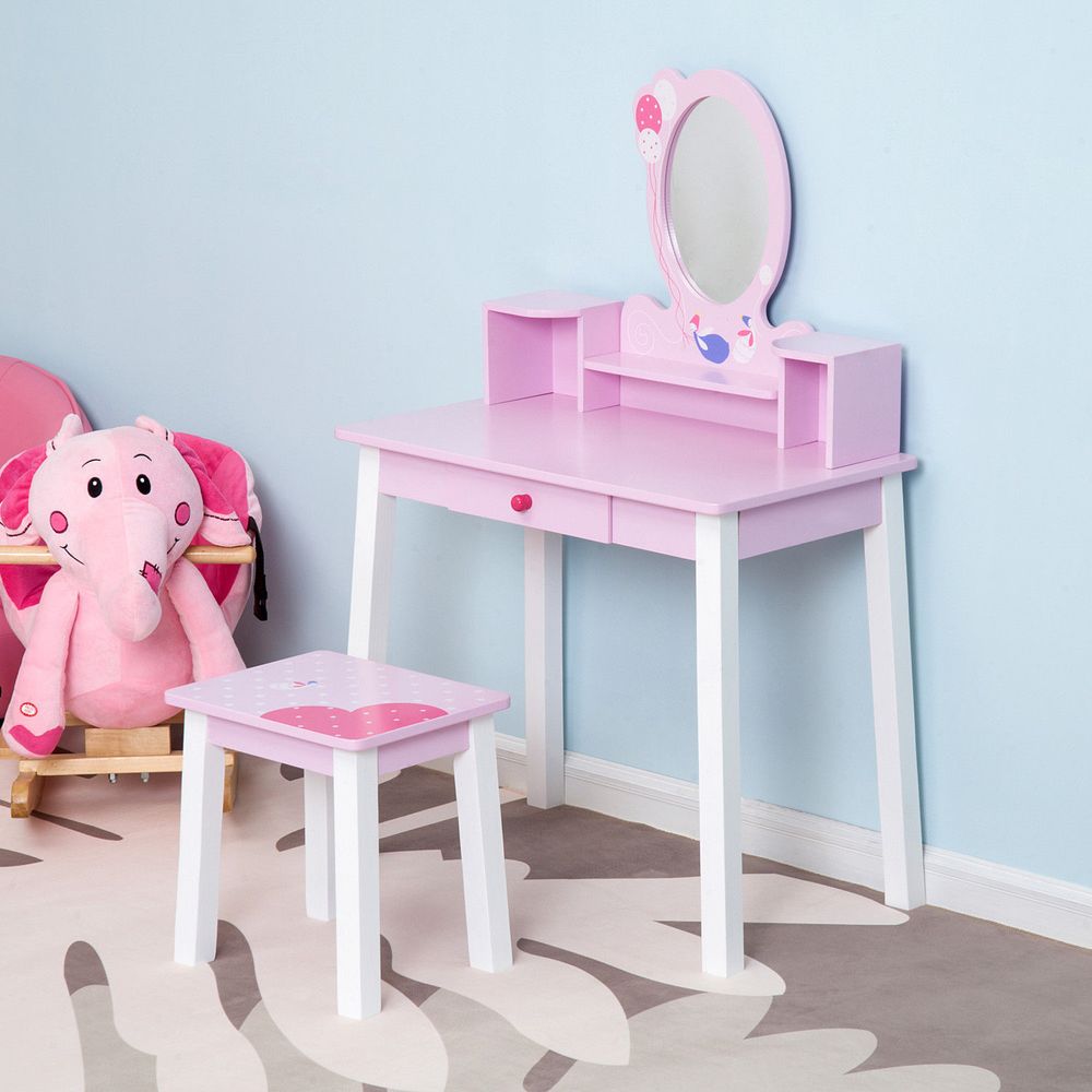 Kids Dressing Table Set w/ Storage & Mirror - Pink