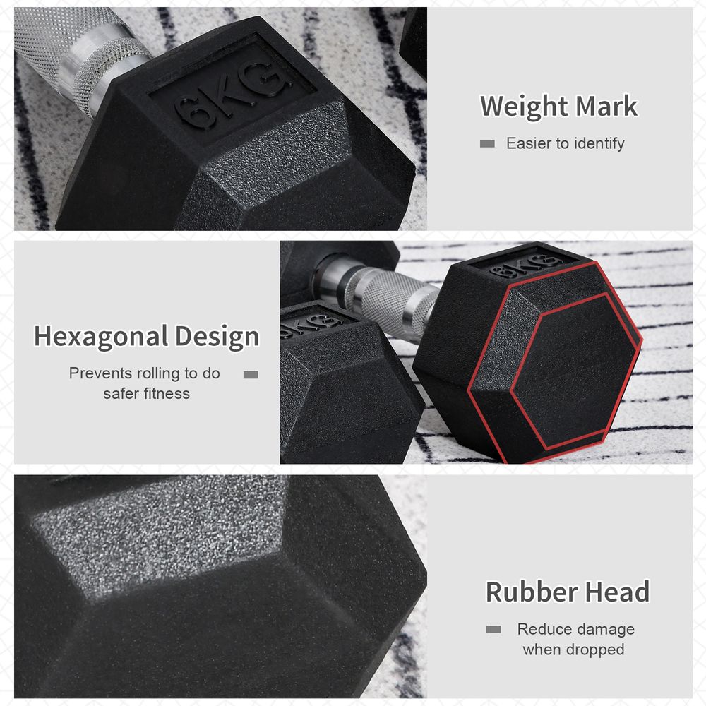 Rubber Dumbbell Sports Hex Weights Sets Home Gym Fitness Hexagonal Dumbbells Kit Weight Lifting Exercise (2 x 6kg)