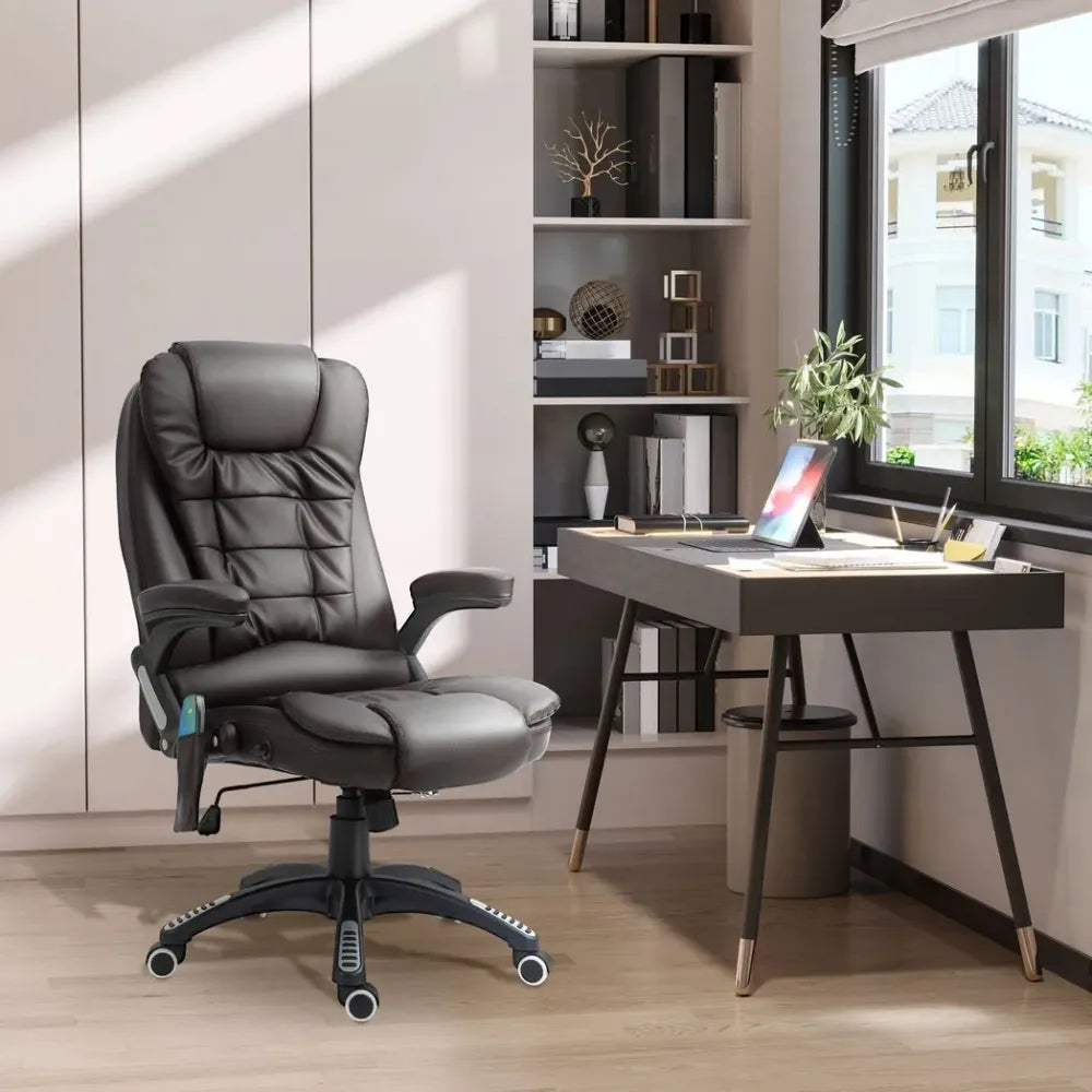 Comfort Executive Office Chair with Massage and Heat - PU Leather Recliner, Brown