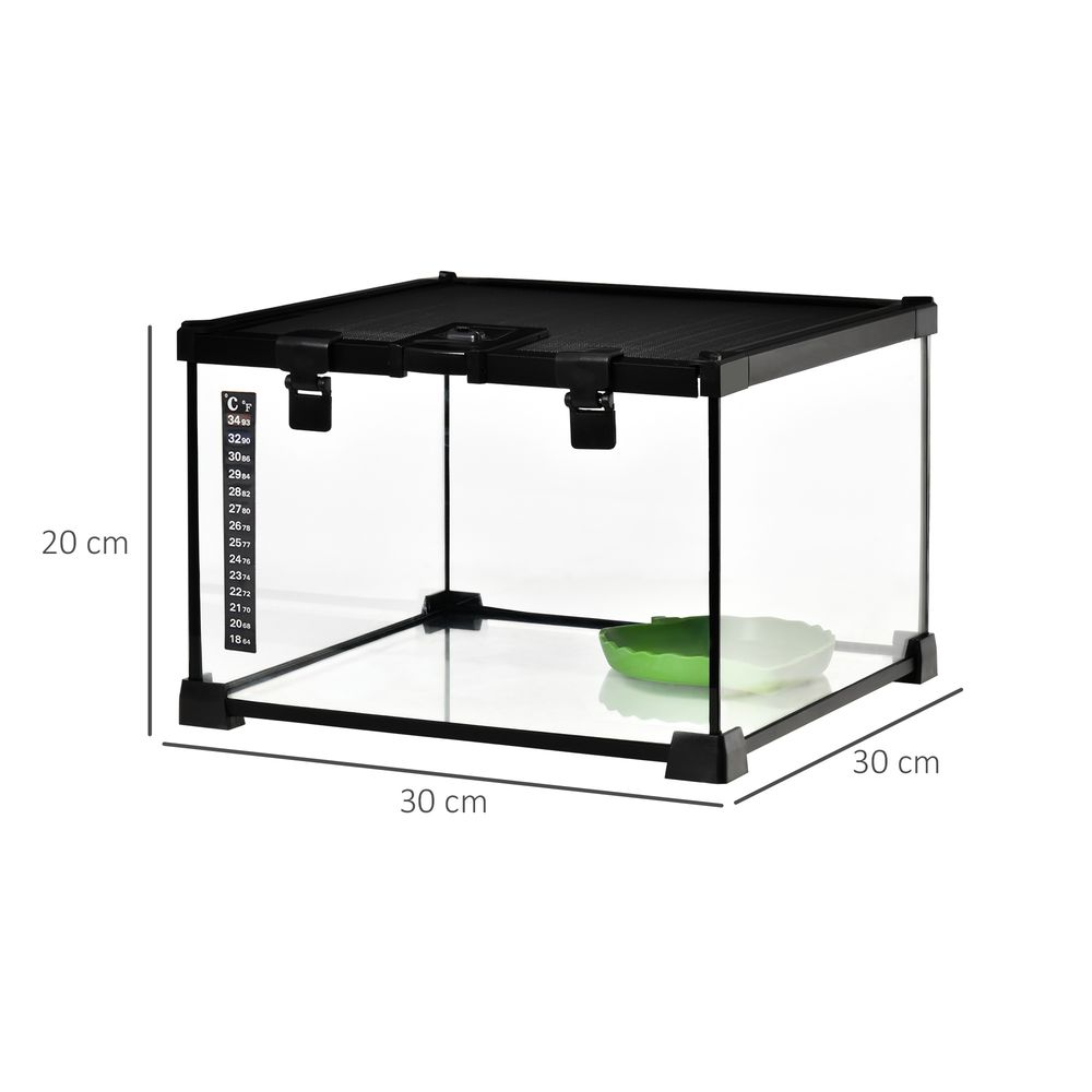 Glass Reptile Terrarium Insect Breeding Tank Vivarium Habitats with Thermometer for Lizards, Horned Frogs, Snakes, Spiders - Small 30 x 30 x 20cm