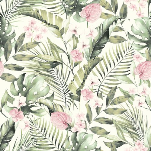 Tropical Floral Pink & Green wallpaper