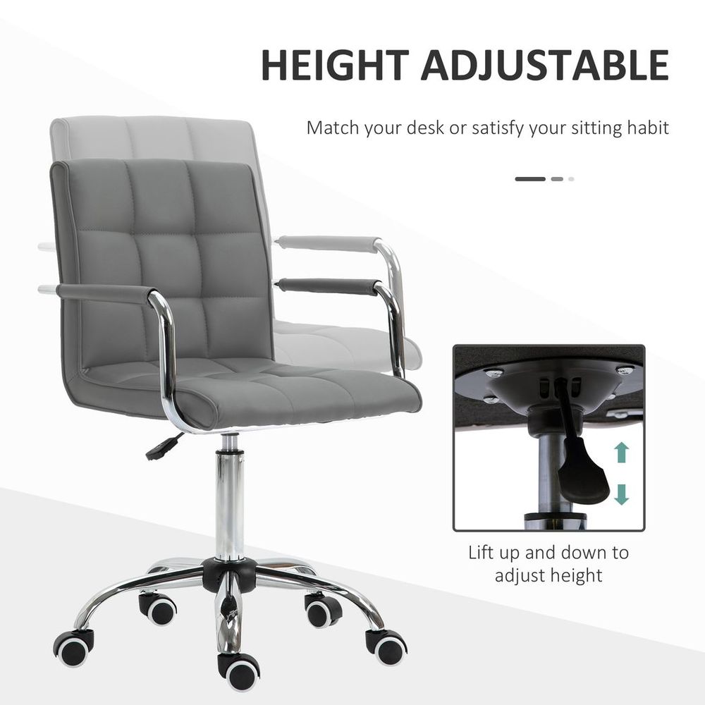 Comfortable Mid Back Swivel Home Office Chair - Grey PU Leather, Arm & Wheel
