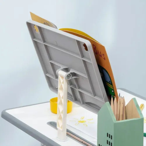 Kids Desk and Chair Set Adjustable Height Study Table Set w/Drawer, Book Stand, Pen Slot - Grey