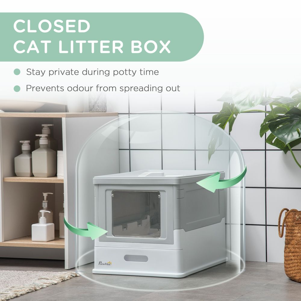 Hooded Cat Litter Box with Scoop - Portable, Privacy, Grey