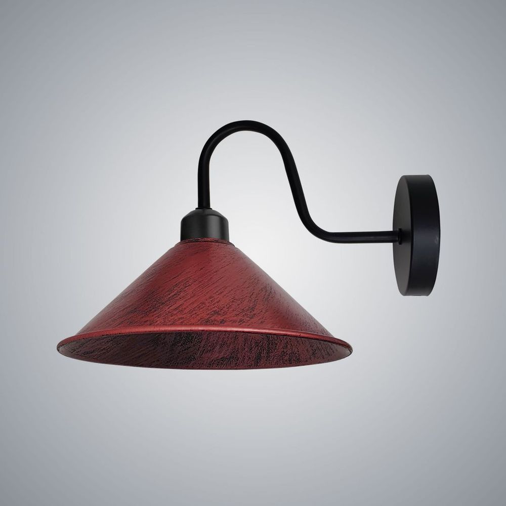 Rustic Red Wall Light Fixture,Black Wall Sconce E27 Base Socket Screw Type Wall Mounted Swan Neck Cone Shape Shade
