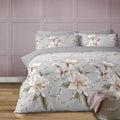 Anemone grey duvet cover set with large white floral print King Bed