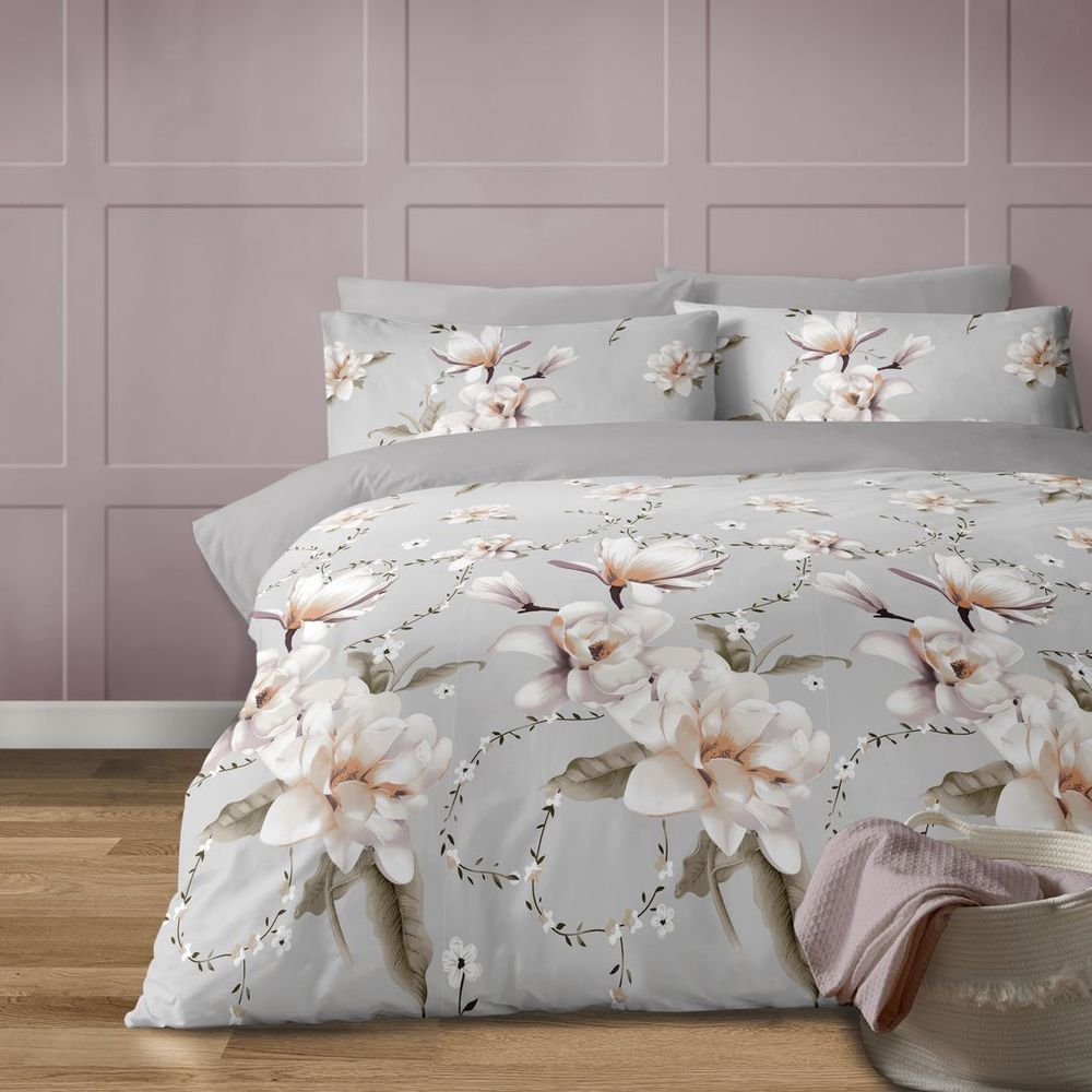 Anemone grey duvet cover set with large white floral print King Bed