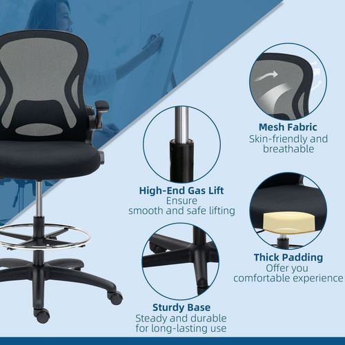 Draughtsman Chair Tall Office Chair w/ Adjustable Footrest Ring Black