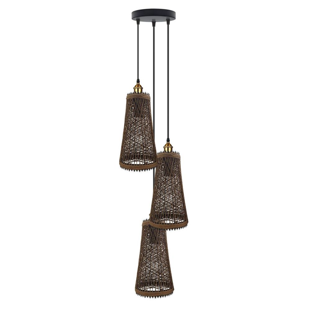 3 Head Natural Wicker Basket Style Retro Industrial Vintage Rattan Ceiling Pendant - 20cm Shade