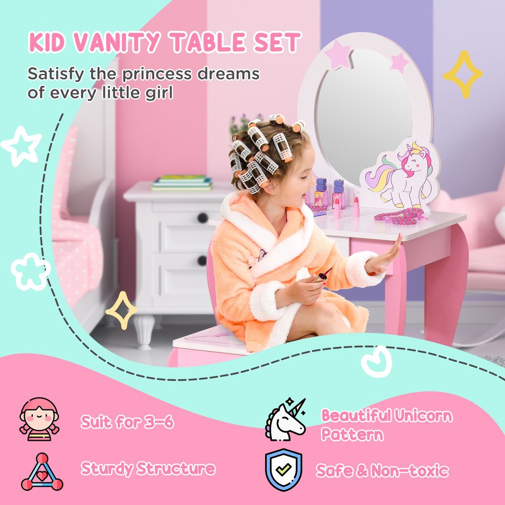 Magical Unicorn Girls Vanity Set with Mirror and Stool, Ages 3-6