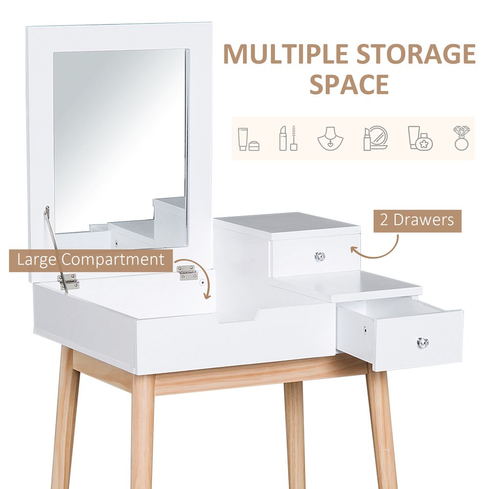 Dressing Table Desk Flip-up Mirror Multi-Purpose Large Space 2 Drawers Modern - White