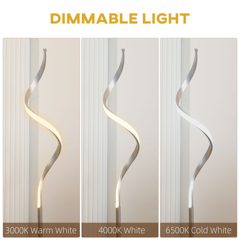 Dimmable Floor Lamp for Living Room, Modern Spiral Standing Lamp with 3 Adjustable Brightness and Square Base, Silver