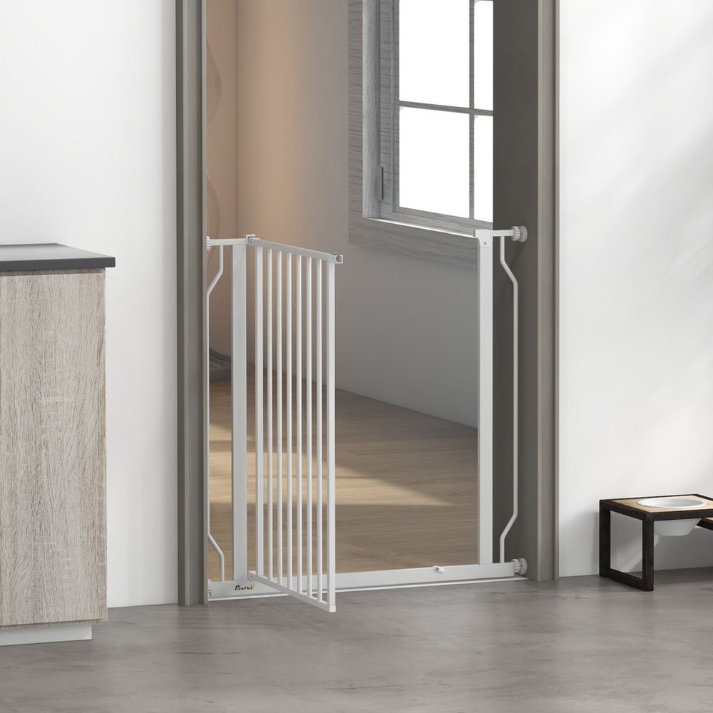 Dog Gate: Wide Stair Gate w/ Door, Pressure Fit, 75-85cm, White