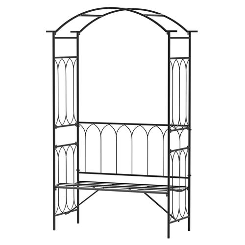 Garden Metal Arch Bench Outdoor 2-Seater Chair, Patio Rose Trellis Arbour Pergola for Climbing Plant Vintage Classic Black 115L x 50W x 203H cm