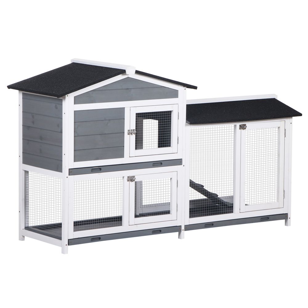 2-Tier Wooden Rabbit Hutch Guinea House Pet Cage Outdoor w/ Tray Ramp