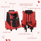 Pet Travel Backpack Bag Cat Puppy Dog Carrier w/ Trolley and Telescopic Handle Portable Stroller Wheel Luggage Bag (Red)