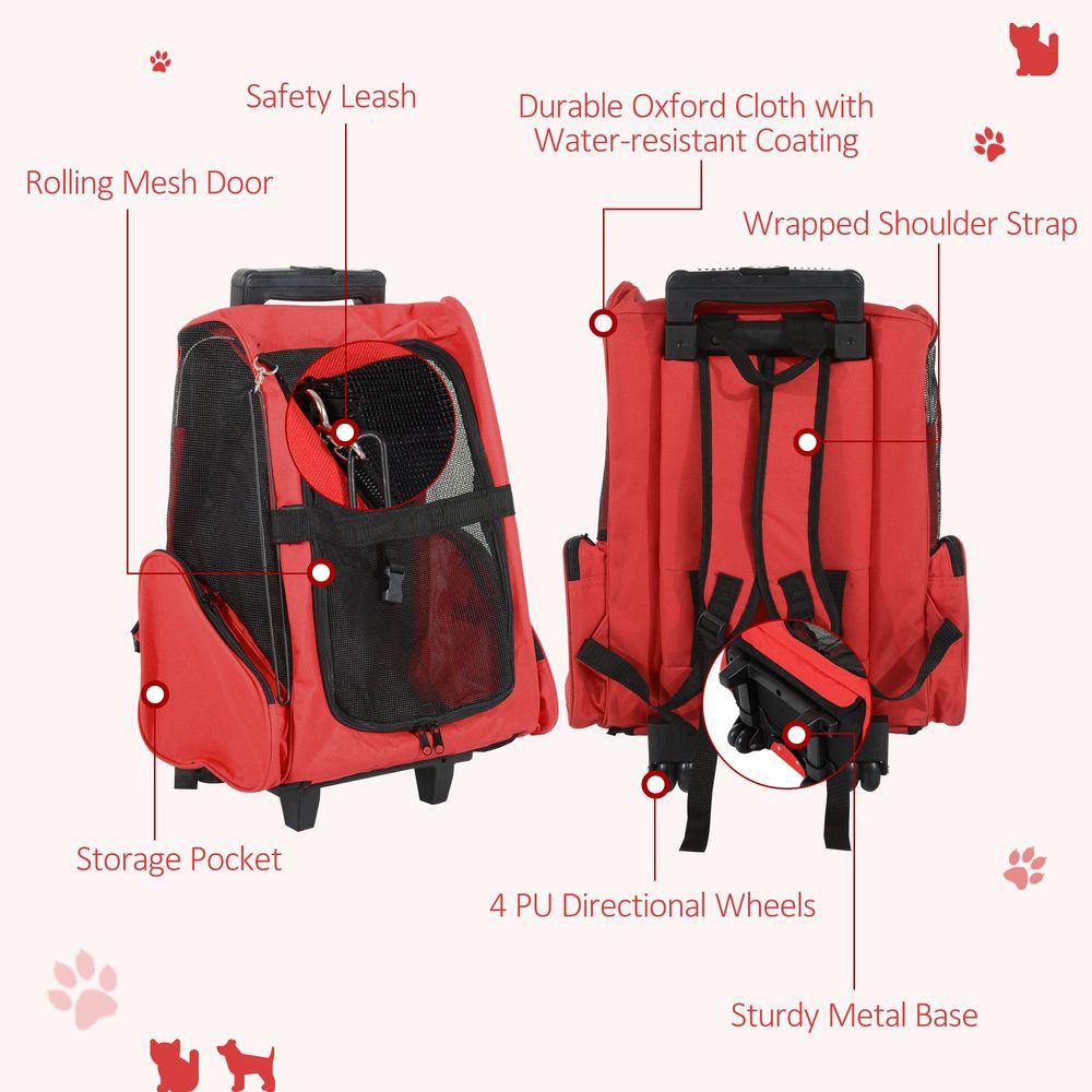 Pet Travel Backpack Bag Cat Puppy Dog Carrier w/ Trolley and Telescopic Handle Portable Stroller Wheel Luggage Bag (Red)
