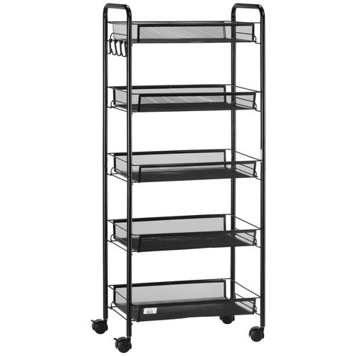 5 Tier Utility Rolling Cart with Removable Mesh Baskets, Black