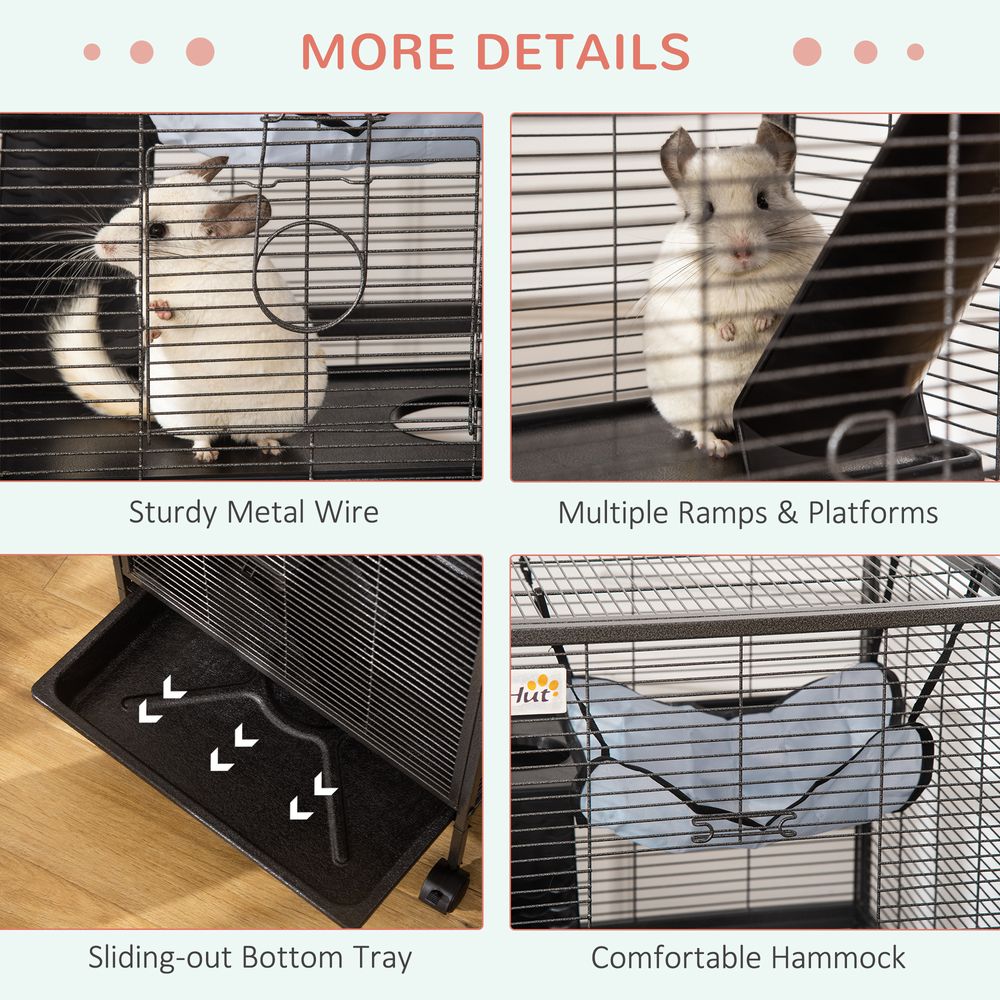 Small Animal Cage with Wheels Pet Home for Chinchillas Ferrets Kittens, with Hammock, 4 Platforms, Removable Tray, Grey