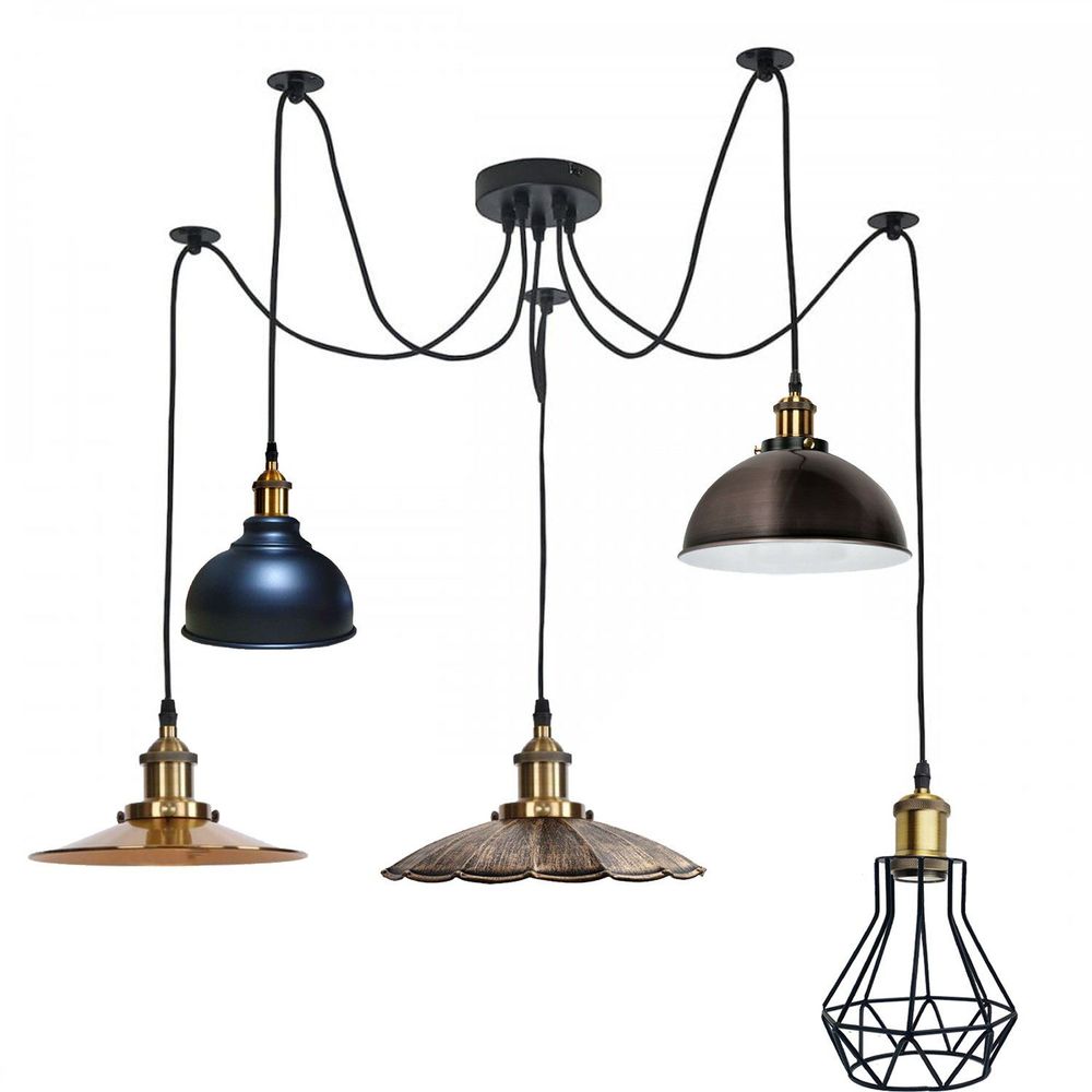 Retro Industrial Metal Multi Shade 5 Way Ceiling Pendant Spider Lamp For Bar, Bedroom in Metal Without Bulb