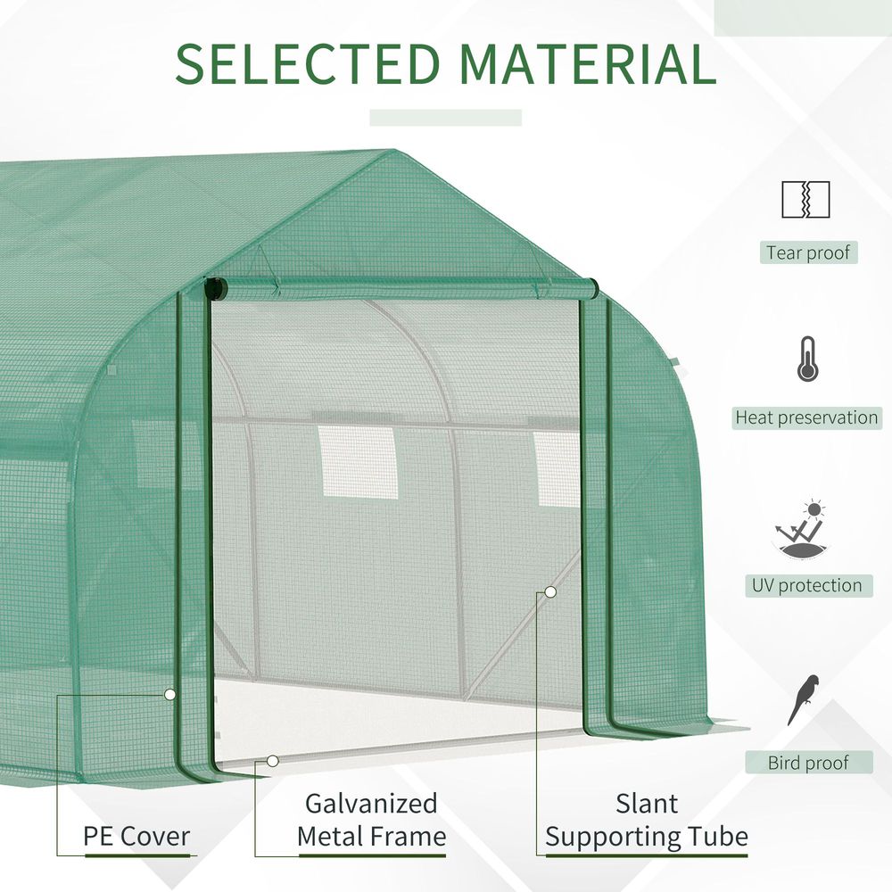 Outdoor Walk-in Garden Greenhouse - Zippered Roll Up Door, 6 Windows - 3.5x3x2m - Green