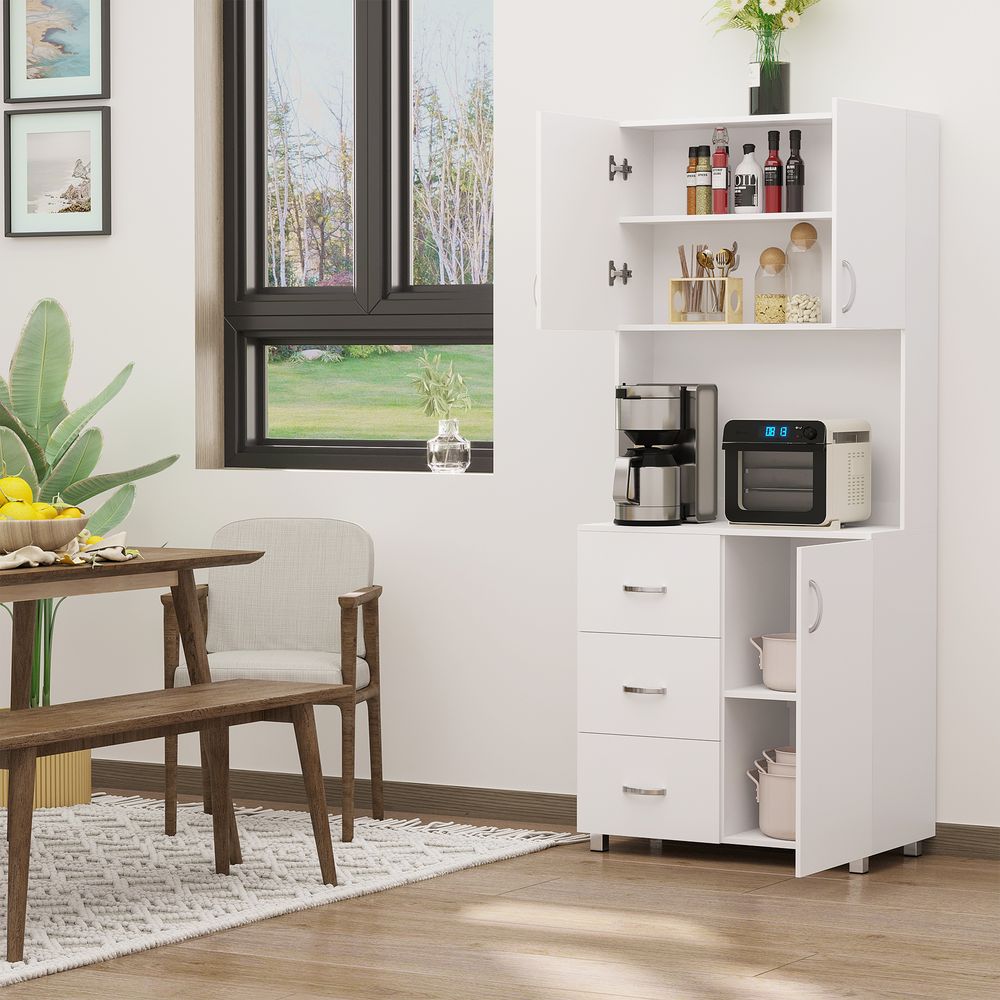Free standing Kitchen Cupboard, Storage Cabinet with Doors and Sheleves, 3 drawers and Open Space, Adjustable Height Storage Unit, White