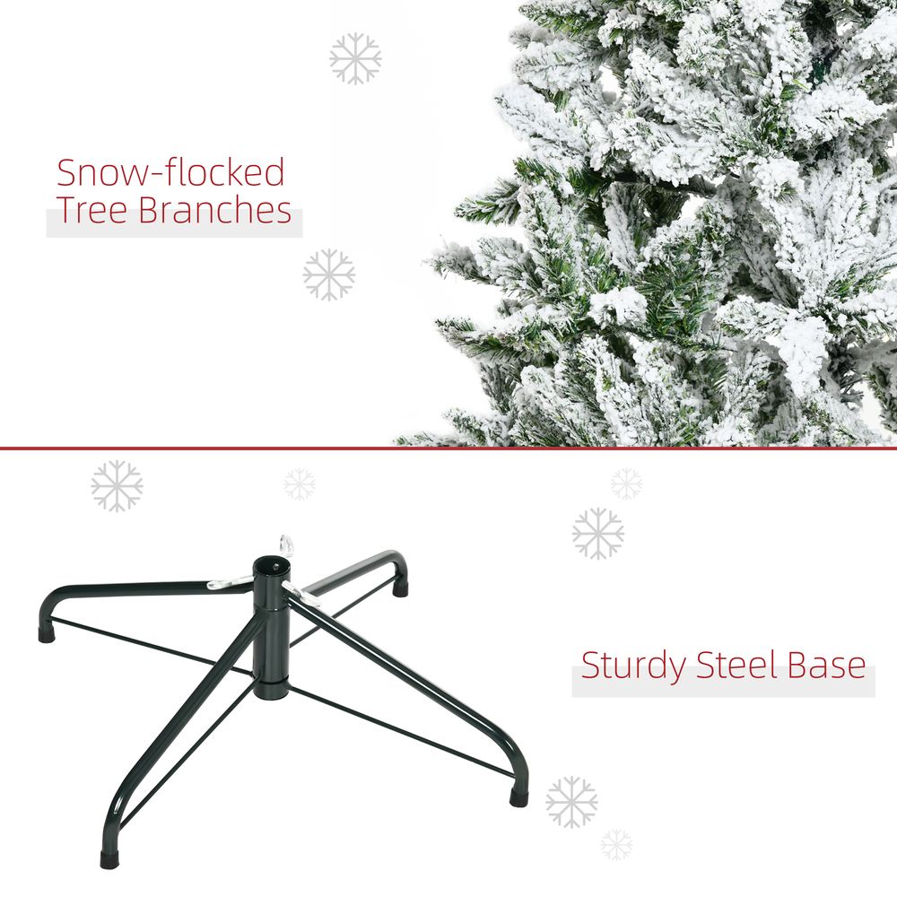 6 Ft Snow Flocked Artificial Christmas Tree Xmas Pine Tree with Realistic Branches, Auto Open and Steel Base, Green