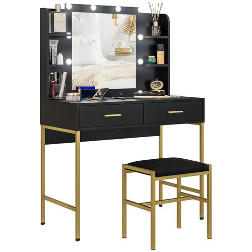 Makeup Vanity Desk Set with Lighted Mirror, Stool, Drawers