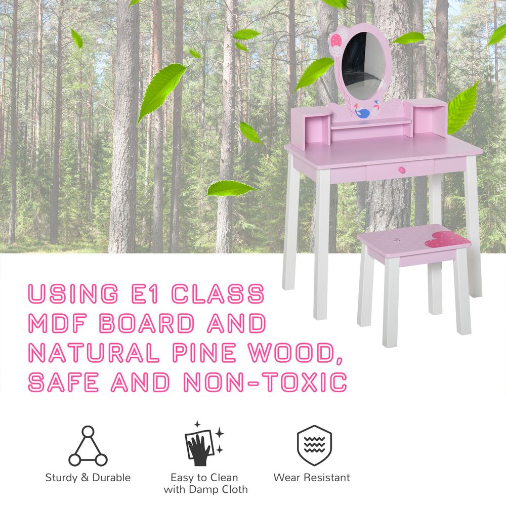 Kids Dressing Table Set w/ Storage & Mirror - Pink
