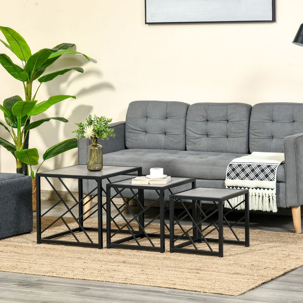 Nesting Coffee Tables, Set of 3 Square Side Tables with Black Metal Frame, for Living Room, Bedroom and Office, Grey