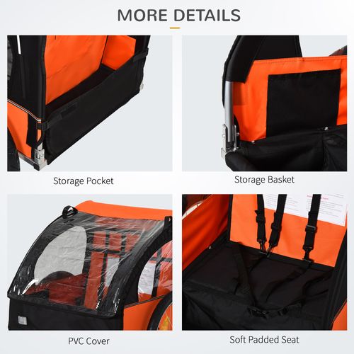 18m 2-Seat Child Bike Trailer for Kid w/ Steel Frame Seat Belt Orange
