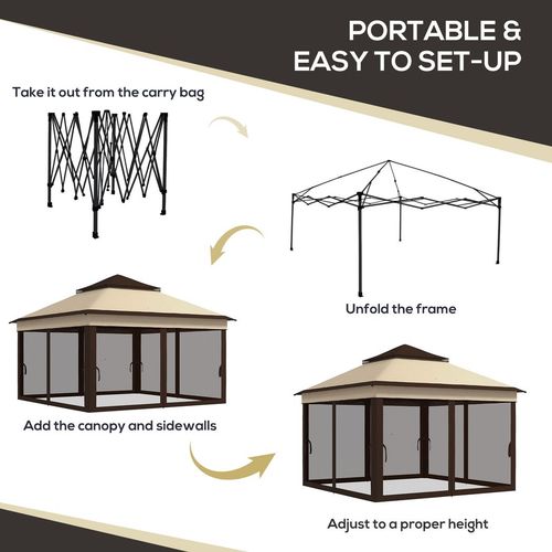3 x 3(m) Pop Up Gazebo Tent with Netting, Height Adjustable, Beige