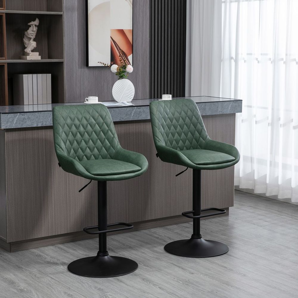 Stylish Bar Stools Set x2, Adjustable 360° Swivel Chairs for Kitchen - Green