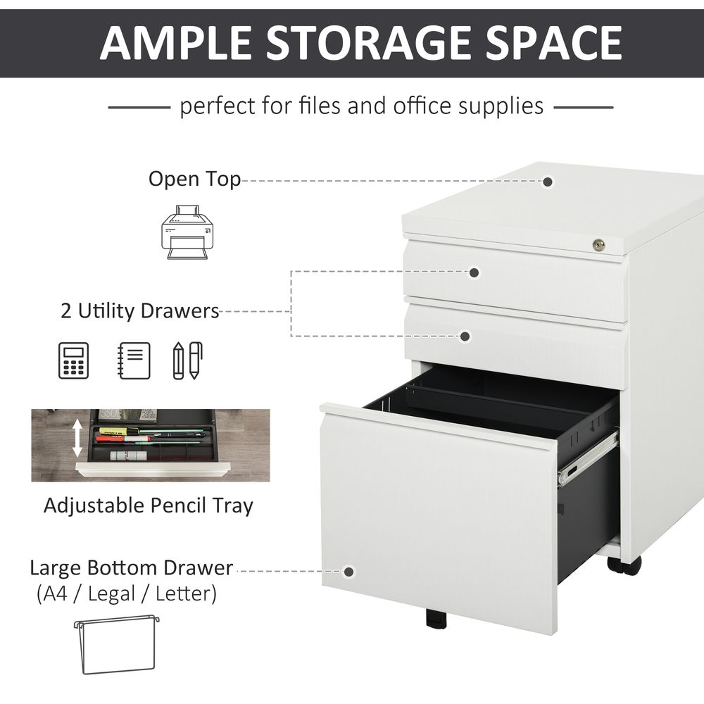 Mobile Vertical File Cabinet Lockable Metal Filling Cabinet with 3 Drawers Anti-tilt Design for Letter A4 Legal Size Fully Assembled Except Casters White