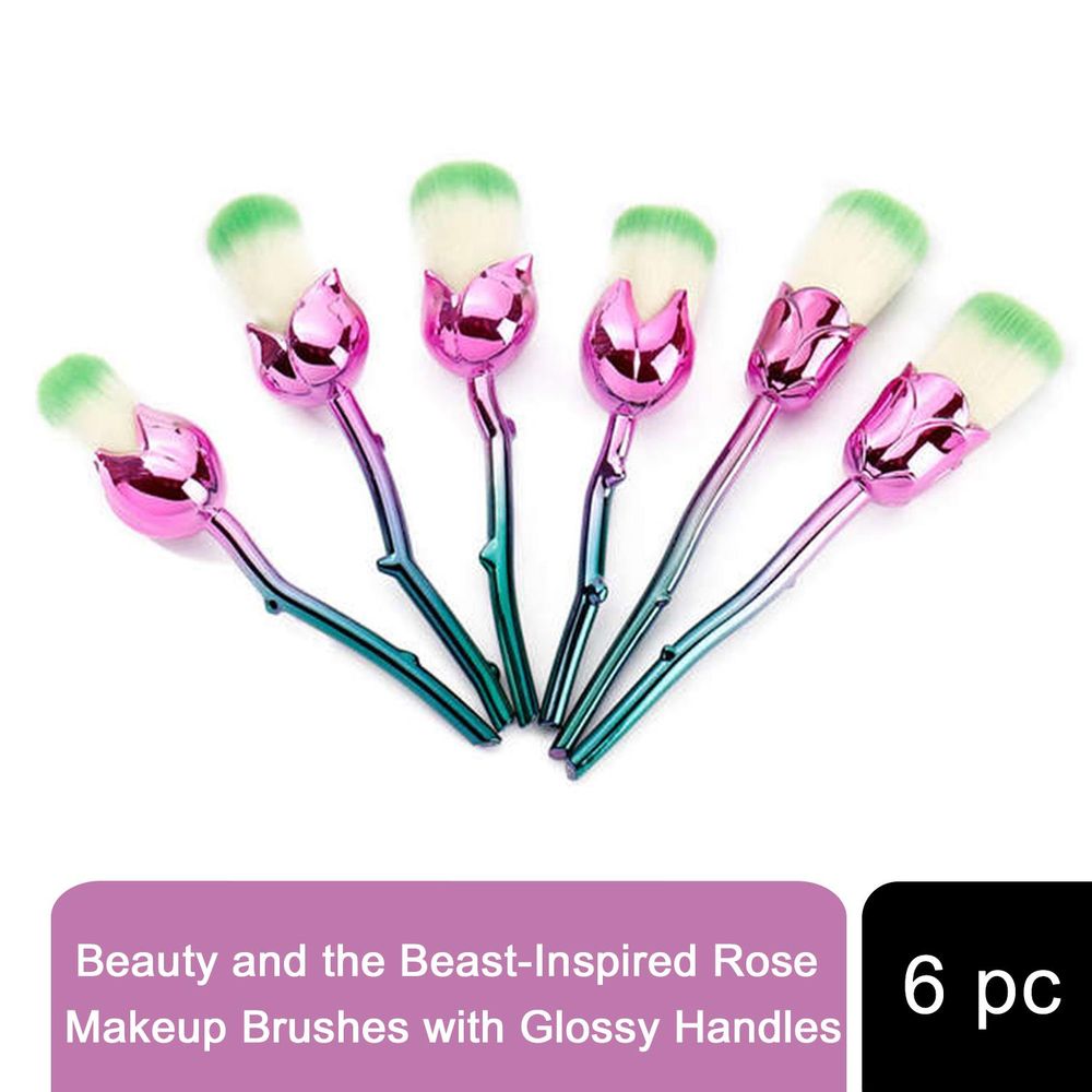 Beauty and the Beast Rose Makeup Brushes, Portable, 6pc Set