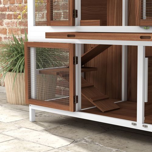 Two-Tier Wooden Rabbit Hutch w/ Openable Roof, Slide-Out Tray, Ramp