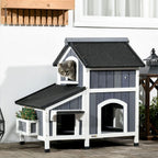 Wooden Cat House Outdoor w/ Flower Pot, Window, Multiple Entrances