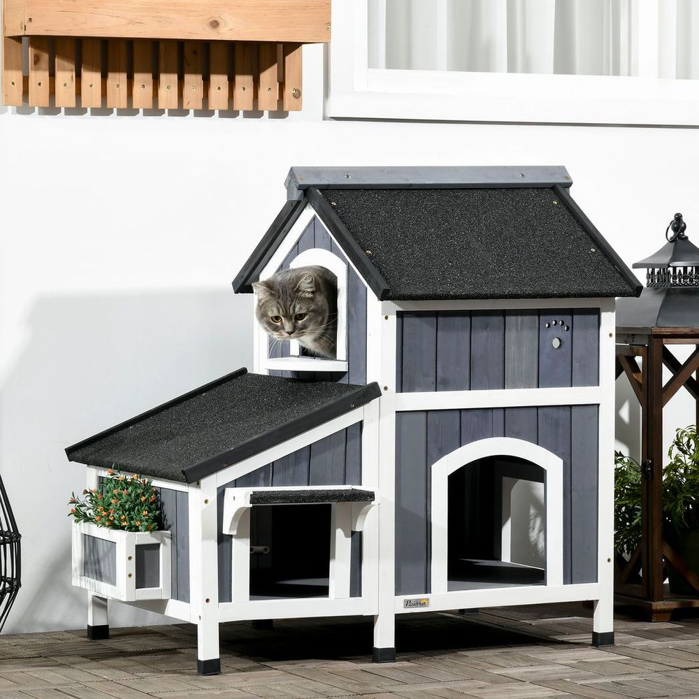 Wooden Cat House Outdoor w/ Flower Pot, Window, Multiple Entrances