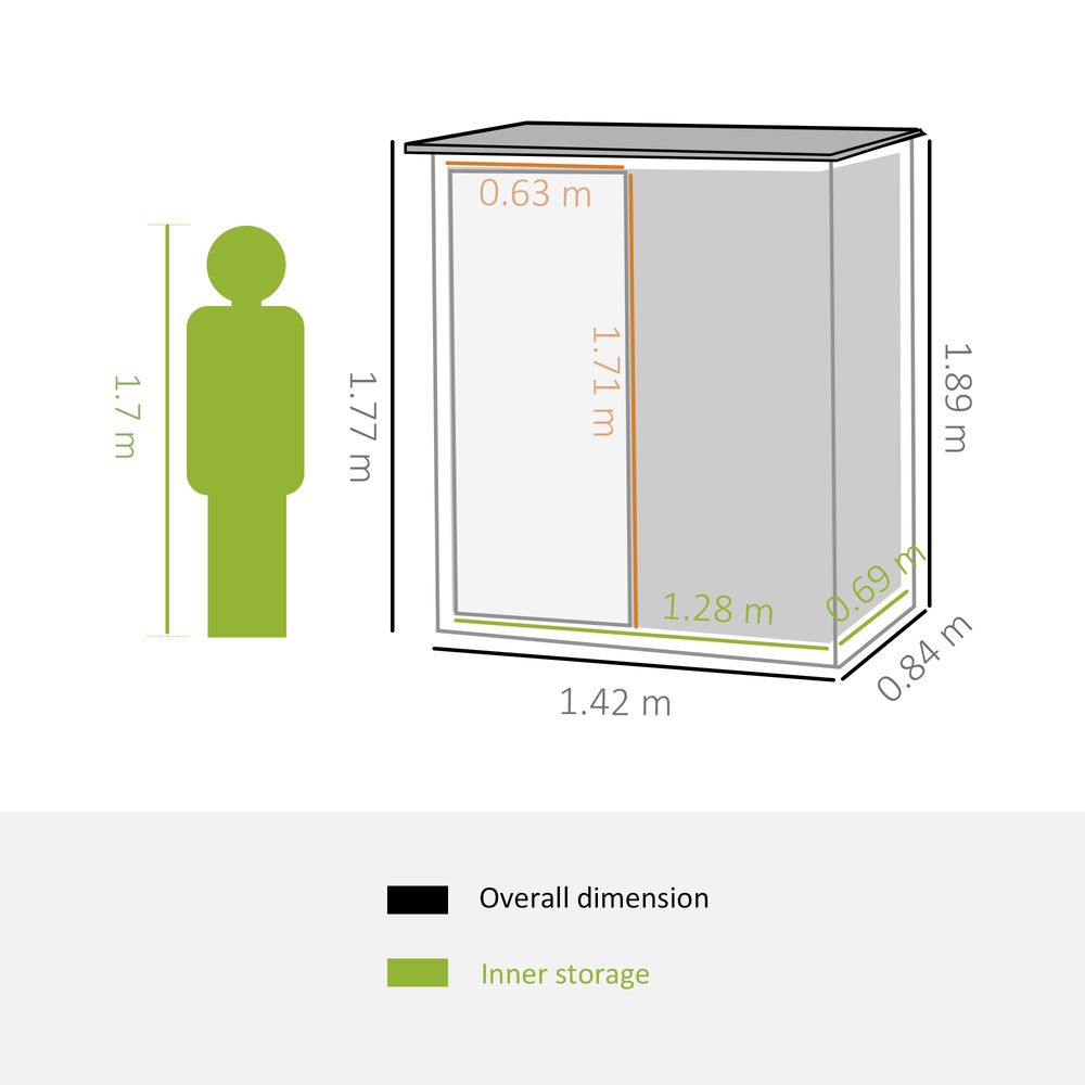 Grey Garden Storage Shed - Lockable Door - Sloped Roof - 142x84x189cm