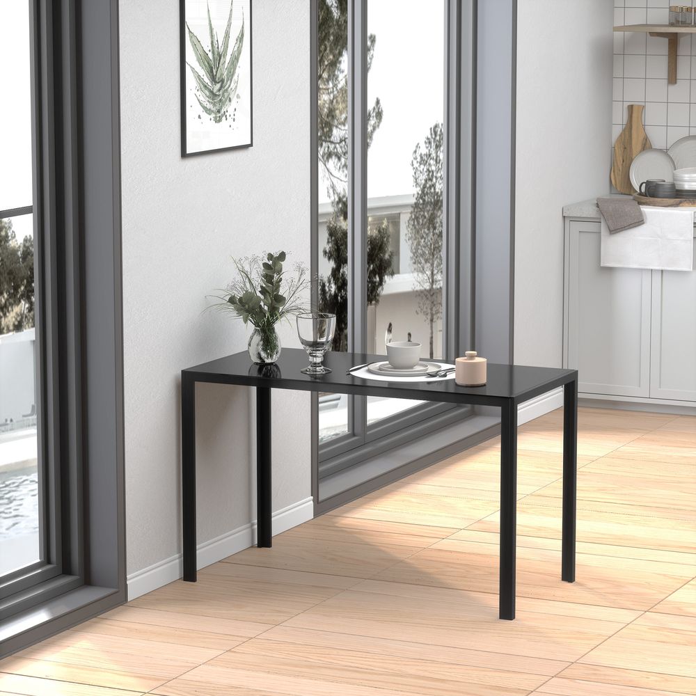 Dining Table for 4 People, Modern Rectangular Kitchen Table with Tempered Glass Tabletop and Steel Legs for Dining Room, Black